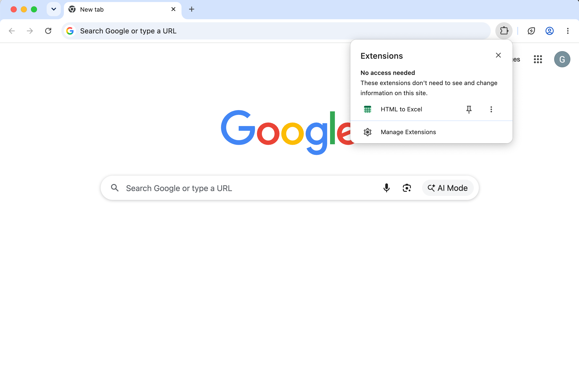 Chrome Extensions menu showing HTML to Excel and the pin control.